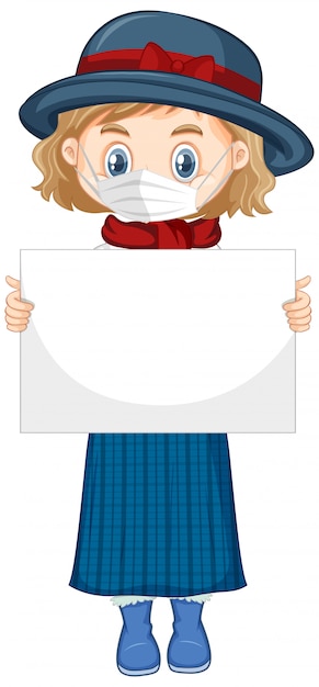 Cute young girl cartoon character holding blank banner