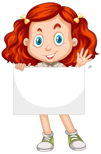 Free vector cute young girl cartoon character holding blank banner