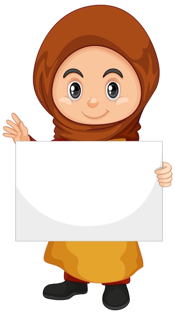 Free vector cute young girl cartoon character holding blank banner