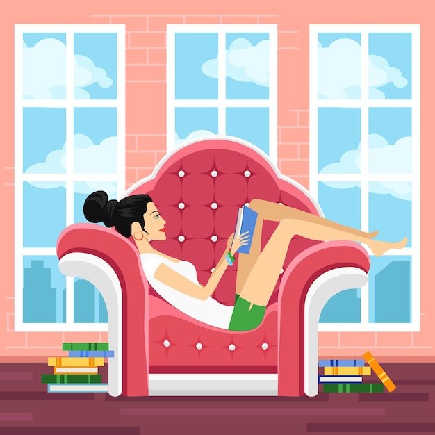 Cute young woman in chair reading book. stack and beauty girl, literature and information.