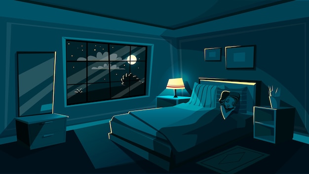 Free vector cute young woman sleeping in bedroom at night, cartoon interior.