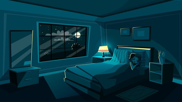 Cute young woman sleeping in bedroom at night, cartoon interior.