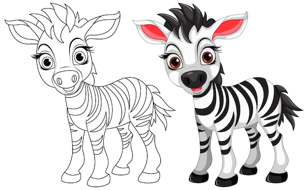 Free vector cute zebra cartoon animal and its doodle coloring character