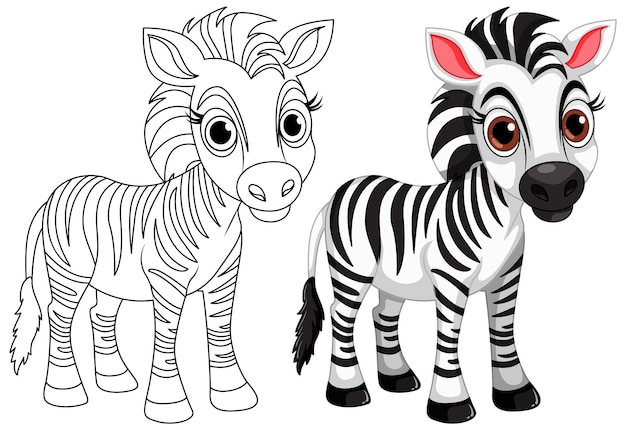 Free vector cute zebra cartoon animal and its doodle coloring character