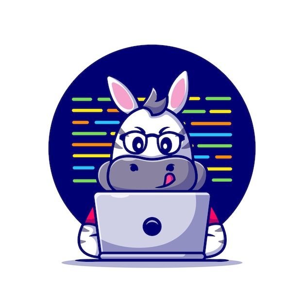 Cute zebra working on laptop cartoon icon illustration.