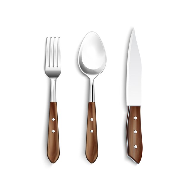 Cutlery with wooden handle realistic set including fork knife spoon on white background isolated vector illustration