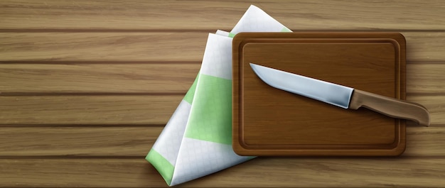 Разделочная доска, нож и скатерть на деревянном кухонном столе, вид реалистичной d иллюстрация прямоугольной деревянной доски для резки пищевого стального ножа и сложенной скатерти Бесплатные векторы