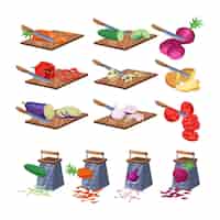 Free vector cutting boards and graters vector illustrations set. products and ingredients, grated and cut vegetables for preparing healthy meals on white background. food, nutrition, kitchen utensils concept