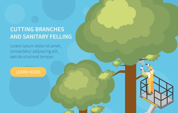 Cutting branches and sanitary felling web banner demonstrating  height work of people using machinery isometric vector illustration