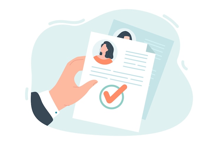 Free Vector cv of best candidate in mans hands flat vector illustration. company looking for employee. headhunter hiring people. human resource management, job interview concept