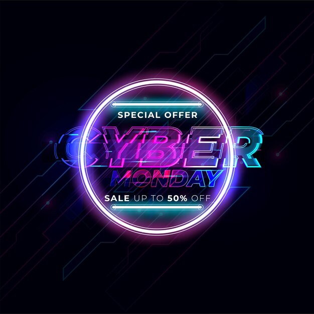 Cyber Monday concept banner in fashionable neon style luminous signboard nightly advertising advertisement of sales rebates of cyber Monday Vector illustration for your projects