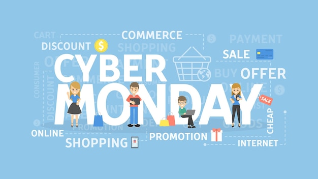 Illustrazione del concetto di cyber monday idea di shopping commerciale e tecnologia