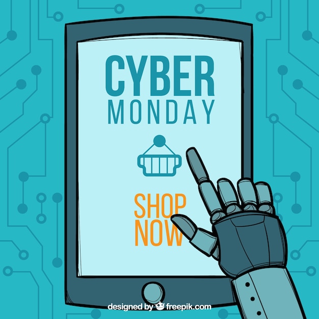 Cyber monday design with robot and tablet