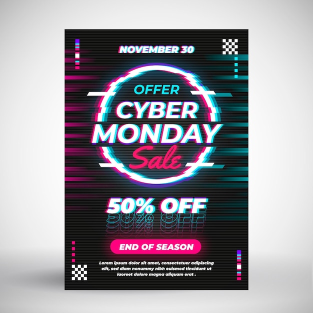 Free vector cyber monday glitched flyer template