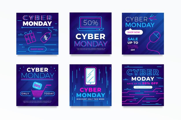 Бесплатное векторное изображение cyber monday посты в instagram