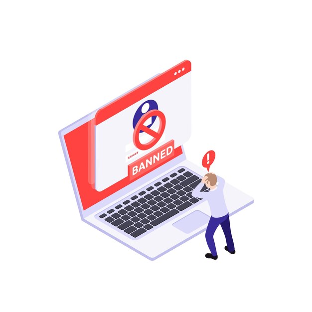 Cyber security concept with panicking man looking at notification about banned account on laptop isometric