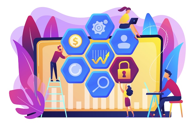 Cyber security risk analysts team reduce risks. cyber security management, cyber security risk, management strategy concept on white background. bright vibrant violet  isolated illustration