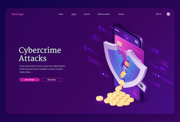 サイバー犯罪攻撃のアイソメトリックランディングページ。ひびの入った盾とコインが銀行カードから散乱するスマートフォンの画面、インターネットでのアカウントの個人データの盗難、サイバー犯罪のハッキング、3dwebバナー