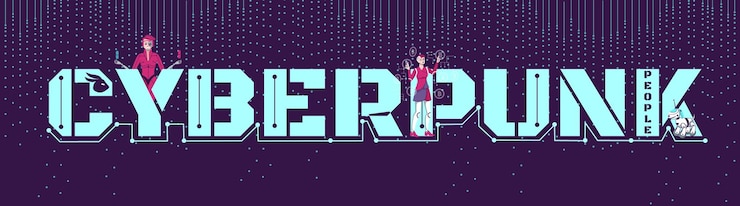 Free Vector cyberpunk people flat header with big letters and small human characters using futuristic technologies vector illustration