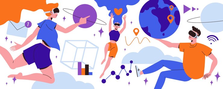 Free Vector cyberspace flat abstract concept with people wearing headset gadgets vector illustration