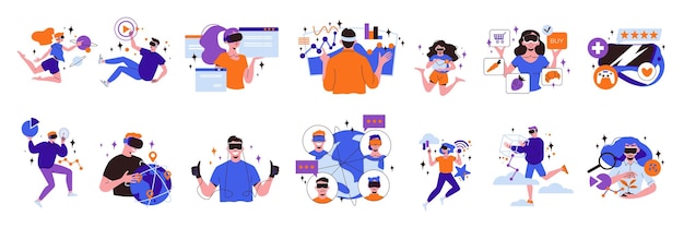 Free vector cyberspace flat icons set with people using vr technologies isolated vector illustration