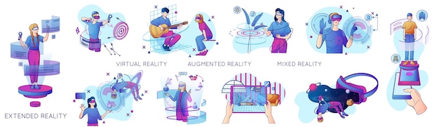 Cyberspace flat set of people using extended virtual augmented mixed reality gadgets isolated vector illustration