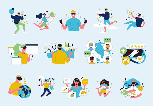 Cyberspace icons flat set with people wearing vr headsets isolated vector illustration