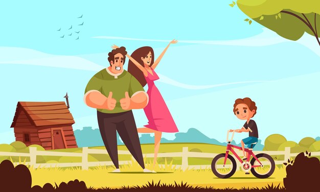Велоспорт семейный фон с символами спорта и обучения плоской иллюстрации