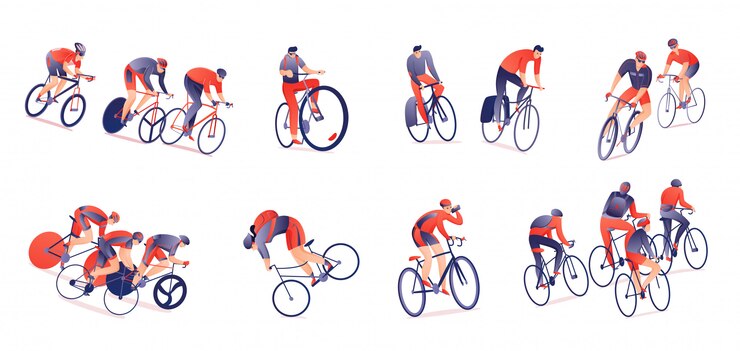 Free Vector cycling tour horizontal set of bicyclists with sports equipment in various positions isolated 