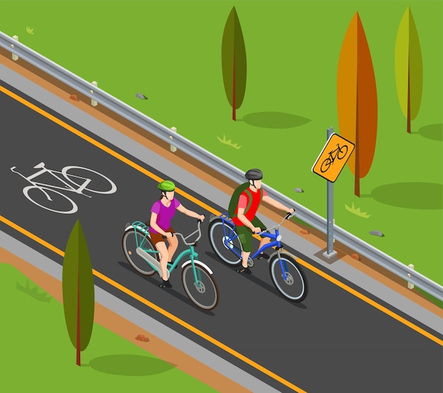 Cycling tourism isometric composition couple during bicycle ride on bike lane