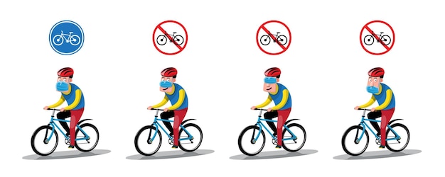 Vettore gratuito i ciclisti devono indossare correttamente una maschera durante la guida di una bicicletta design del carattere dell'illustrazione vettoriale piatta