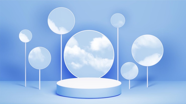 Free Vector cylinder product podium mockup with clouds on sky