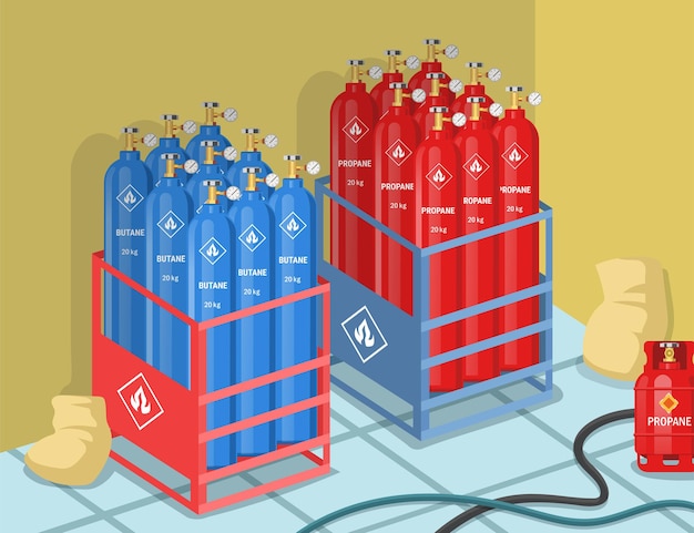 Cylinders with propane and butane on factory illustration