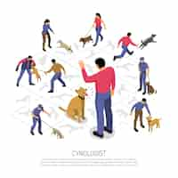 Free vector cynologyst dog training isometric infographic composition with police service specific tasks commands responding isometric design vector illustration