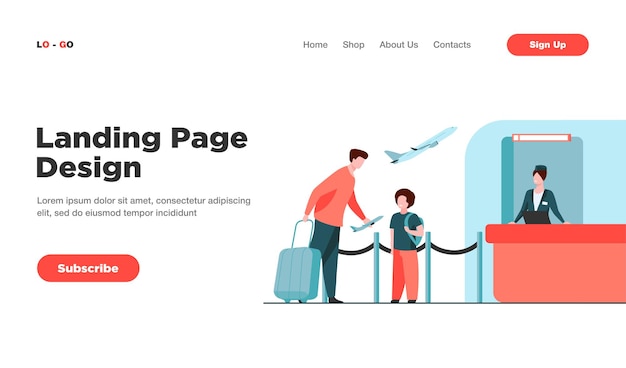 無料ベクター 空港の着陸ページのカウンターに立っているお父さんと息子