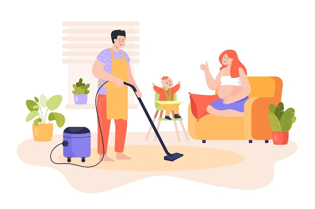 Free vector dad cleaning house while pregnant wife playing with kid