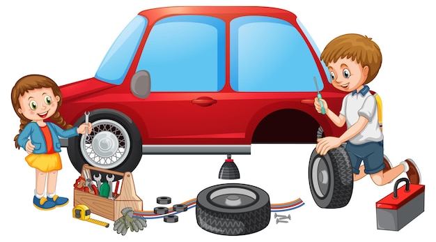 Free vector dad and daughter fixing a car together on white background