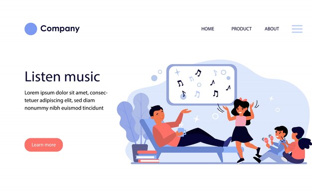 Dad enjoying music with children. Website template or landing page