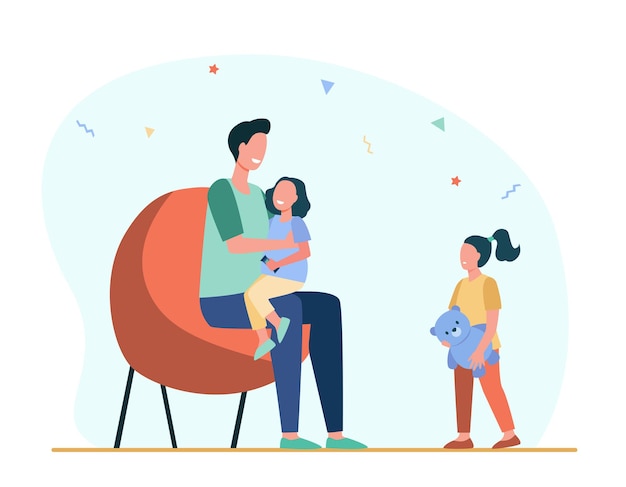 Dad giving attention to only one child. Daughter, parent, toy flat  illustration.