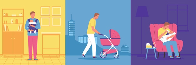 Dad looking after baby lulling asleep walking feeding flat design concept isolated vector illustration