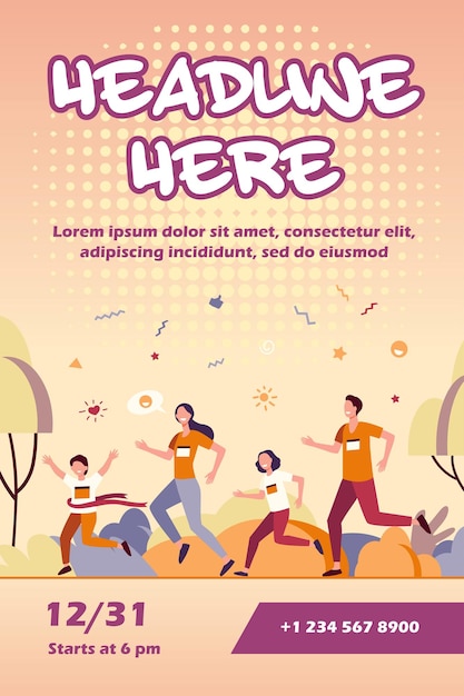 Free vector dad, mom and kids running together in park flyer template