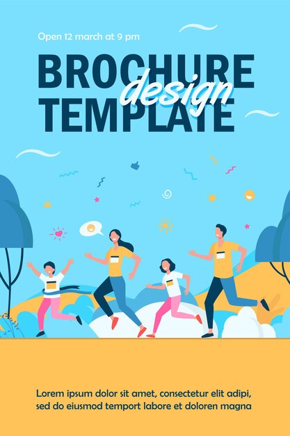 Free vector dad, mom and kids running together in park isolated flyer template