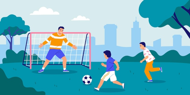 Vettore gratuito papà gioca a calcio con due figli nell'illustrazione vettoriale piatta del parco