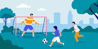 Free vector dad play football with two sons in park flat vector illustration