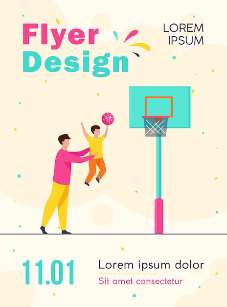 Dad playing basketball with little son flyer template