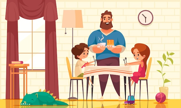 Free vector dad son daughter composition with doodle father character bringing meal and drinks to children at table illustration