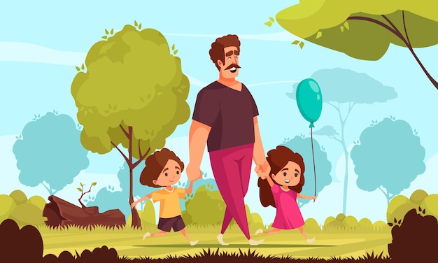 Dad son daughter composition with outdoor park scenery and cartoon characters of father walking with children illustration