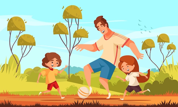 Dad son daughter composition with outdoor suburban landscape and teenage kids playing football with their father illustration