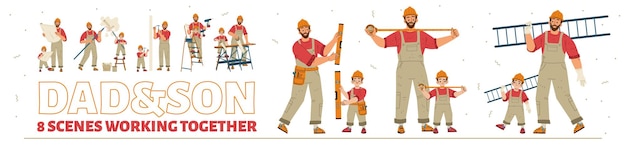 Free vector dad and son in handyman uniform with tools