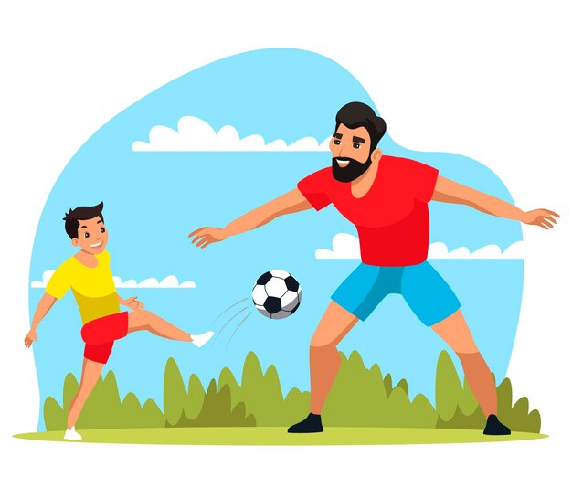 dad and son play football in park boy kicks ball scores father catches ball parent with kid have fun play sports game pastime together
